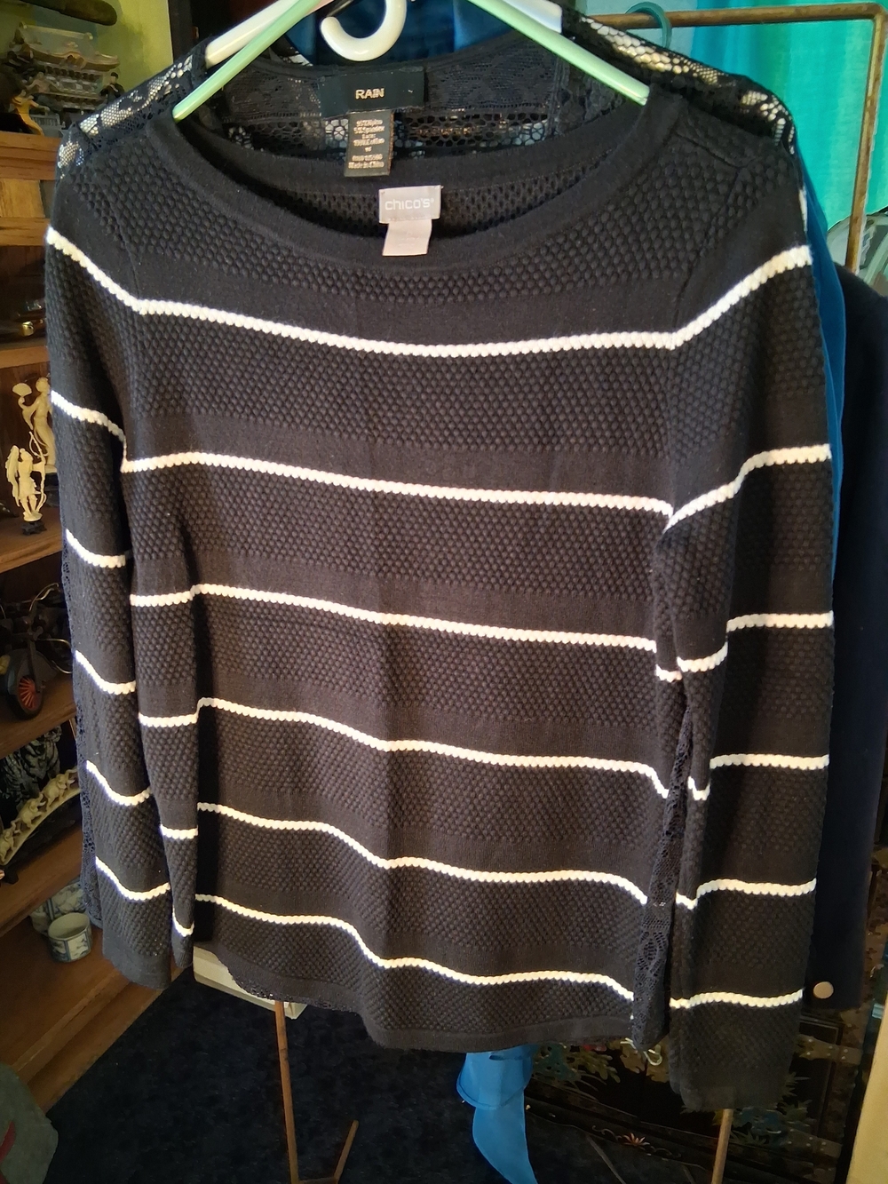 Chico's Navy and White Textured Stripe Sweater